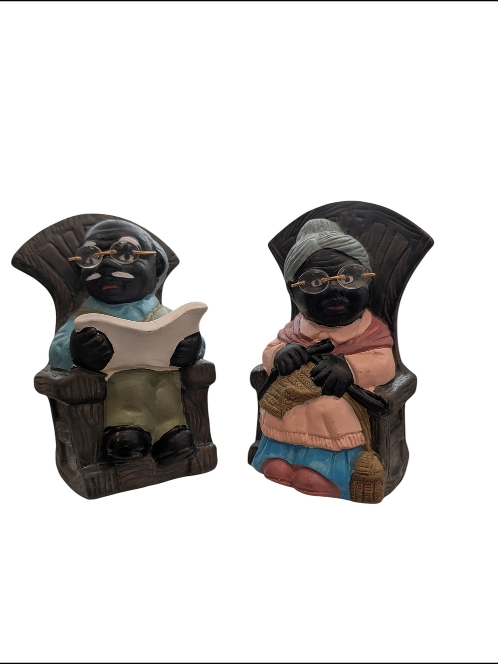 Vintage Grandma Grandpa Coin Bank Set Folk Art Rocking Chair Ceramic Pair